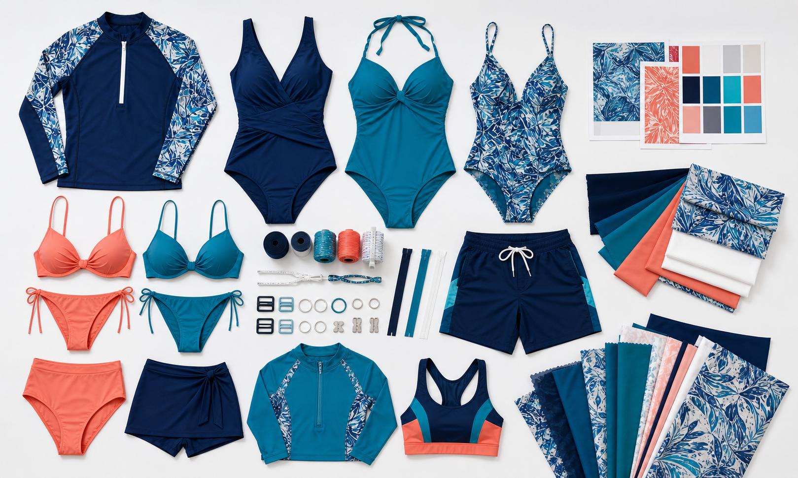 Swimwear products, fabrics, trims, and color cards arranged for collection development